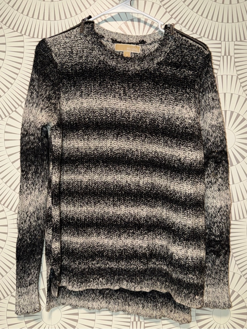 Michael‎ Kors Women’s Striped Black and Gray Crewneck Sweater Medium